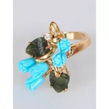 Кольцо с бирюзой и нефритом "Букет" из пяти роз, позолота с родир, размер 16