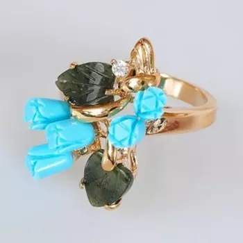 Кольцо с бирюзой и нефритом "Букет" из пяти роз, позолота с родированием, размер 18