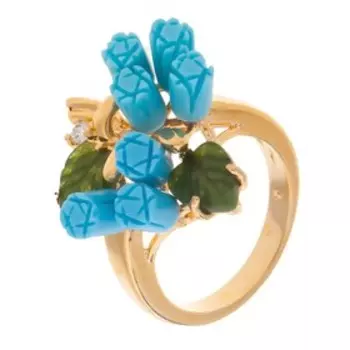 Кольцо с бирюзой и нефритом "Букет" из семи роз, позолота с родированием, размер 16