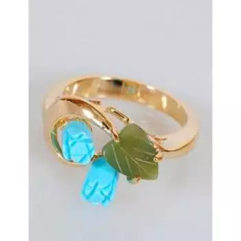 Кольцо с бирюзой и нефритом "Розы" дуэт с лист, обок, позолота с родир , размер 16