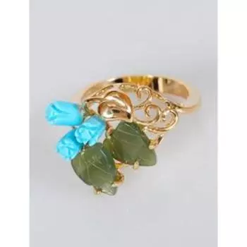 Кольцо с бирюзой и нефритом "Розы" с листочками, сердце, позолот с родир, размер 16
