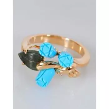 Кольцо с бирюзой и нефритом "Розы" трио с цирконом, позолота с родир , размер 16