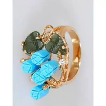 Кольцо с бирюзой и нефритом "Виноград", позолота с родированием, размер 18