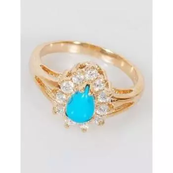 Кольцо с бирюзой "Капля в цирконах", позолота с родированием, размер 18