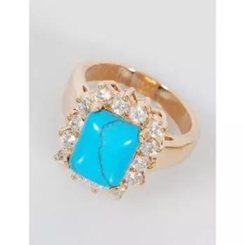 Кольцо с бирюзой "Квадрат в цирконах", позолота с родирование, размер 19