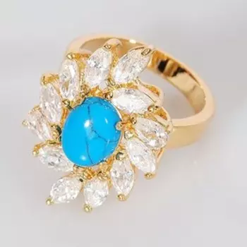Кольцо с бирюзой "В стразах", позолота с родированием, размер 19
