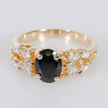 Кольцо с чёрным фианитом "Кабошон с косичкой", позолота с родированием, размер 18