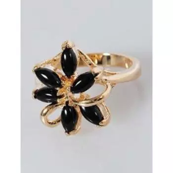 Кольцо с чёрным ониксом "Цветок", позолота с родированием , размер 16