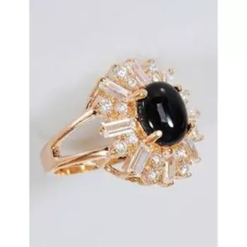 Кольцо с чёрным ониксом "Двойные цирконы", позолота с родированием , размер 16