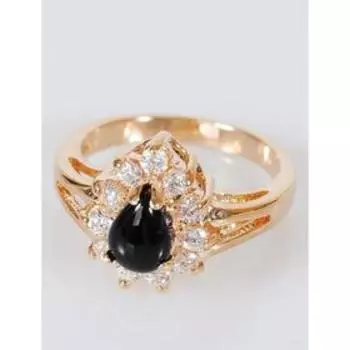 Кольцо с чёрным ониксом "Капля в цирконах", позолота с родированием , размер 16