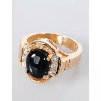 Кольцо с чёрным ониксом "Овал цирконы сбоку", позолота с родированием , размер 16