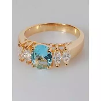 Кольцо с голубым фианитом "Кабошон в цирконах", позолота с родированием, размер 19