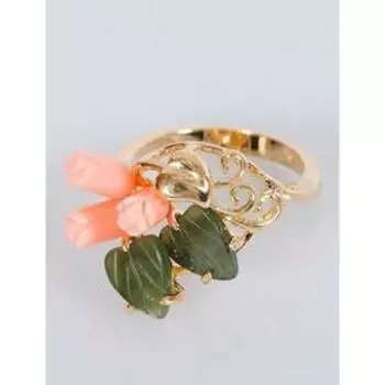 Кольцо с кораллом и нефритом "Розы" с листочками, сердце,позолот с родир, размер 16