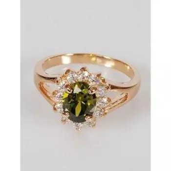 Кольцо с перидотом "Малый овал в цирконах", позолота с родированием , размер 16