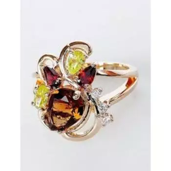 Кольцо с разноцветными фианитами "Азалия", позолота с родированием, размер 17