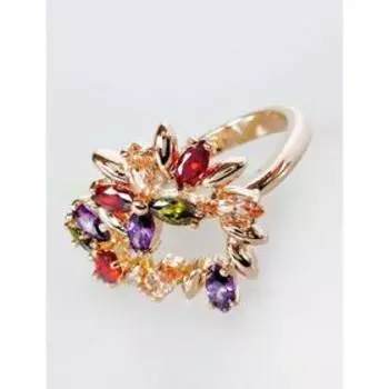 Кольцо с разноцветными фианитами "Камелия", позолота с родированием , размер 16