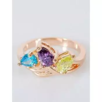 Кольцо с разноцветными фианитами "Трилистник", позолота с родированием , размер 16