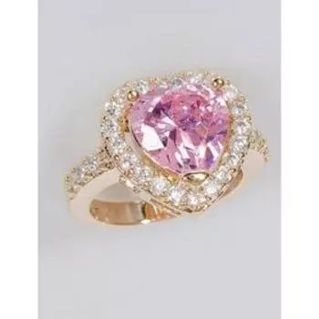 Кольцо с розовым фианитом большое сердце, позолота с родирование, размер 18