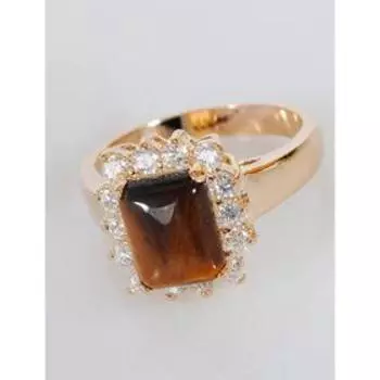 Кольцо с тигровым глазом "Квадрат в цирконах", позолота с родированием , размер 16