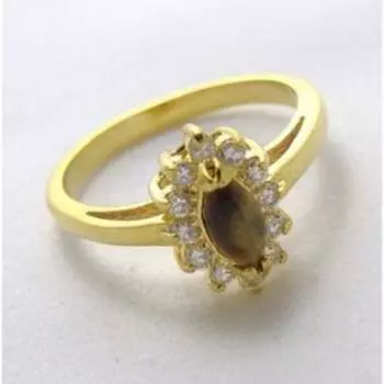 Кольцо с тигровым глазом "Узкий овал", позолота с родированием , размер 16