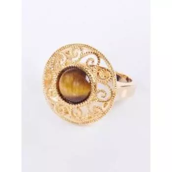Кольцо с тигровым глазом "Восточное солнце", позолота с родированием , размер 16