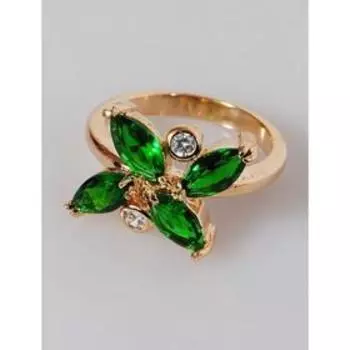 Кольцо с зелёным фианитом "Бабочка", позолота с родированием , размер 16