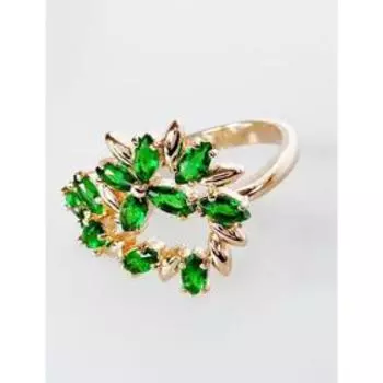 Кольцо с зелёным фианитом "Камелия", позолота с родированием , размер 16
