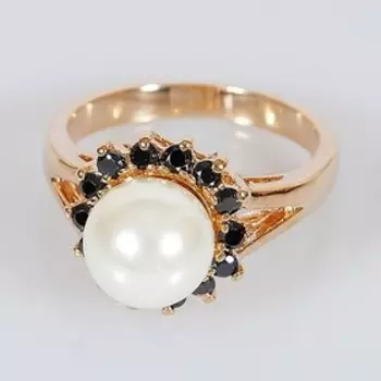 Кольцо с жемчугом "Бусина" с фианитами, позолота с родированием, размер 20