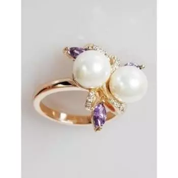Кольцо с жемчугом "Жемчужный букет" с аметистом, позолота с родированием, размер 18