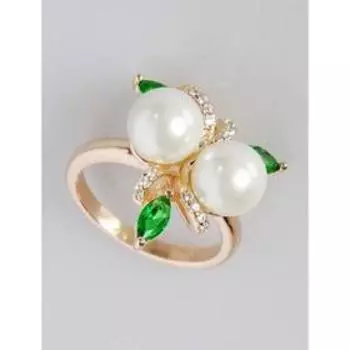 Кольцо с жемчугом "Жемчужный букет" с зелёным фианитом, позолота с родированием, размер 20
