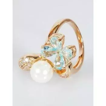 Кольцо с жемчугом "Жемчужный цветок" с голубым фианитом, позолот с родир, размер 16