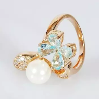 Кольцо с жемчугом "Жемчужный цветок" с голубым фианитом, позолота с родированием, размер 19