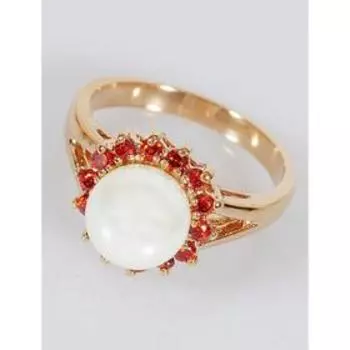 Кольцо с жемчугом "Жемчужный цветок" с гранатом, позолота с родированием, размер 19