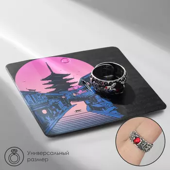 Кольцо «Япония» иероглифы, цвет красный в чернёном серебре, безразмерное