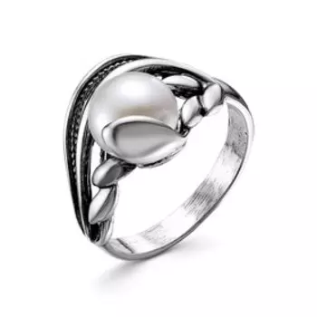Кольцо "Жемчуг" лепестки, посеребрение с оксидированием, цвет белый, 19 размер