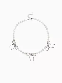 Колье «Бантик» с жемчугом, белое в серебре