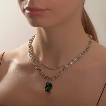 Колье "Цепь" летнее настроение, цвет бело-зелёный в серебре, 54см
