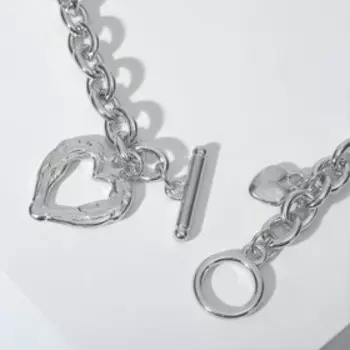 Колье "Цепь" сердце из коры, цвет серебро, 46см