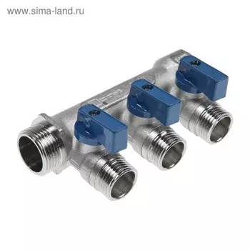 Коллектор "СТМ", 3/4"х1/2", наружная резьба, 3 выхода, с шаровыми кранами, никелированный