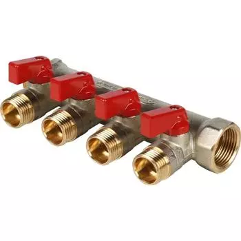 Коллектор STOUT SMB 6200 341204, с шаровыми кранами, 3/4", 4 выхода, 1/2", красные ручки