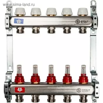 Коллекторная группа STOUT SMS 0917 000005, 1"х3/4", 5 выходов, с расходомерами, нерж. сталь