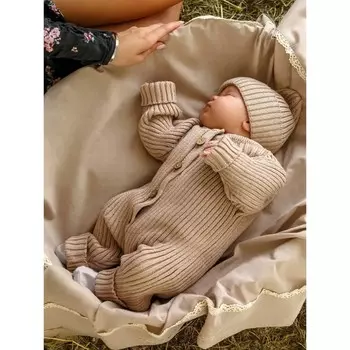 Комбинезон вязаный детский с шапочкой, рост 80 см, цвет бежевый