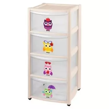 Комод детский на колесах 4 ящика, цвет бежевый, рисунки МИКС