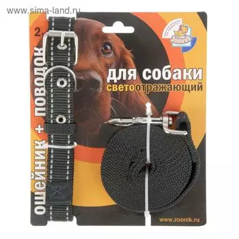Комплект амуниции светоотражающий "Зооник", ОШ 37-51х2,5 см, поводок 2 м, капрон, чёрный