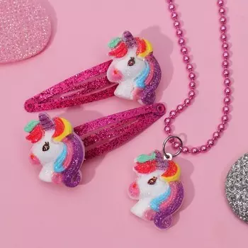 Комплект детский 3 предмета: 2 заколки, кулон «Единороги» яркие, цвет тёмно-розовый