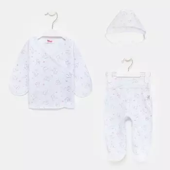 Комплект детский (распашонка, ползунки, чепчик), белый/зайчики, рост 56-62