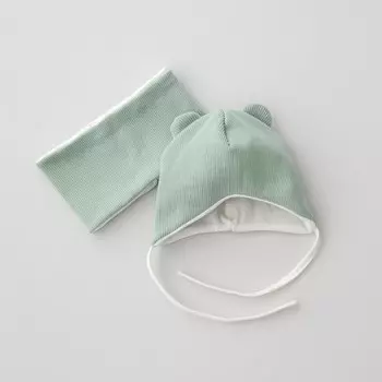 Комплект детский KinDerLitto «Орсетто», 2 предмета: шапка, снуд, возраст 0-3 месяцев, цвет полынь