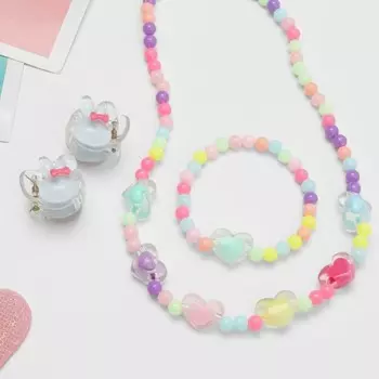 Комплект детский «Выбражулька» 4 предмета: 2 заколки, бусы, браслет, сердечки, цветной