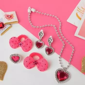 Набор детских украшений Выбражулька «Сердце», 5 предметов: 2 резинки, клипсы, кулон, кольцо, малиновый