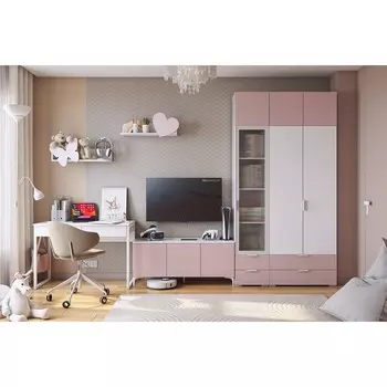 Комплект детской мебели "Зефир К2", 3500х580х2300, белое дерево/белый муар/пудра розовая (эмаль) 1